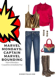 an image of a woman's clothes and accessories in the style of captain marvel