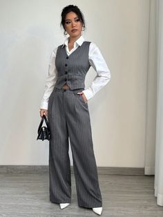 1 conjunto Chaleco casual de rayas para mujer + Pantalón de traje casual para mujer Gris Elegante    Color combinado,A rayas  No-Elástico  Women Clothing, size features are:Bust: ,Length: ,Sleeve Length: Women Suits Vest, Pant Suit Ideas For Women, Vest And Suit Women, Women’s Pants Suit, Shein Suits For Women, Colorful Suit Women, How To Style A Suit, Matching Vest And Pants Outfit, Women Suit Vest Outfit