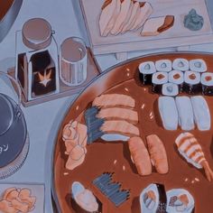 a painting of sushi and other foods on a table