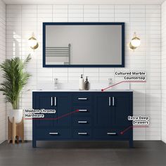 a bathroom with blue cabinets and white tile on the walls is shown in this diagram