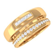 two gold wedding bands with diamonds on each side and one diamond set in the middle