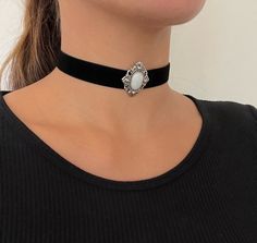 "Bring out your inner gothic royalty with this luxe velvet choker, featuring a victorian style pendant hand sewn in the center. DETAILS  * Velvet Ribbon Width: 5/8\" (just over 1/2 inch) * Stainless Steel closure * Choose between 11.5\" or 13\" * Contains a 3\" extender so you can adjust to your preference *model wears 11.5\" 💌 Message me for custom lengths :) KNOWING YOUR SIZE: You can use a measuring tape to measure the center of you neck. Don't have a measuring tape? Grab a thread or ribbon Silver Gothic Choker For Cosplay, Punk Style Costume Jewelry Choker, Punk Costume Choker Jewelry, Punk Style Costume Choker Jewelry, Elegant Jewelry For Cosplay, Vampire Style Choker Jewelry For Cosplay, Vampire Style Choker For Cosplay, Elegant Adjustable Jewelry For Cosplay, Vampire Style Cosplay Choker Jewelry