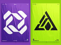 two posters with different shapes on them, one in purple and the other in green