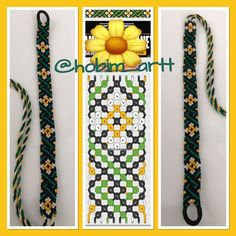 three pieces of beaded art with yellow flower on top and green ribbon around the edges