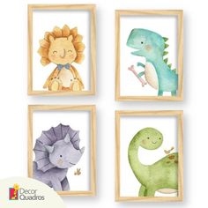 four watercolor paintings of dinosaurs in wooden frames