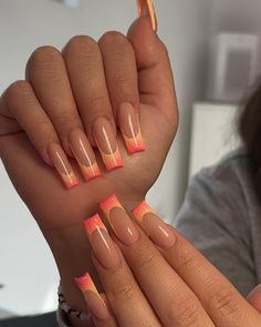 Summer Sunset Nails 2024: 23 Ideas for Ombre, Acrylic, and Beach Nail Art Orange Pink And White Nails, Square Summer Nails 2024, Cute Summer Nails 2024 Simple, Colorful Square Nails, Orange Nail Inspiration, Orange Frenchies, Sunset Nail Designs, Square Nails Summer, Sunset Nail Art