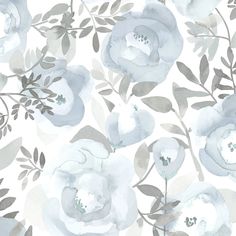 a white and gray floral wallpaper with leaves