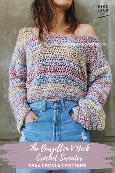 a woman wearing a crochet sweater with text overlay that reads, the bresley neck crochet sweater free crochet pattern