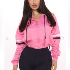 Cute Pink Windbreaker Size Large Spring Stretch Windbreaker With Long Sleeves, Trendy Hooded Windbreaker, Chic Pink Stretch Outerwear, Pink Windbreaker For Spring Streetwear, Trendy Pink Outerwear For Day Out, Casual Pink Outerwear For Day Out, Casual Pink Spring Windbreaker, Pink Windbreaker, Fashion Nova Jackets