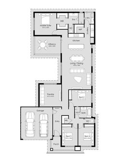 the floor plan for a two story house with an attached garage and living room area