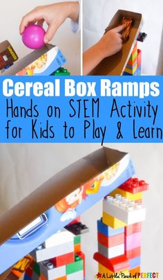 Cereal Box Ramps: Hands on STEM Activity for Kids to Play and Learn - A Little Pinch of Perfect Cereal Day Activities, Stem Activity For Kids, Stem Activities Preschool, Rainy Day Activity, Steam Ideas, Preschool Stem, Engineering Activities, Stem Activity, Play And Learn