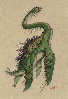 a drawing of a green dragon with flowers on it's back