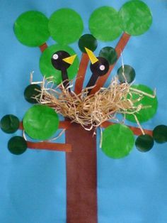 a paper plate tree with two birds sitting in the nest on it's branch