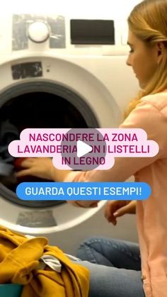 a woman sitting in front of a dryer next to a laundry machine with the caption,'unassone la zona lavanderria on i listellelli in l '