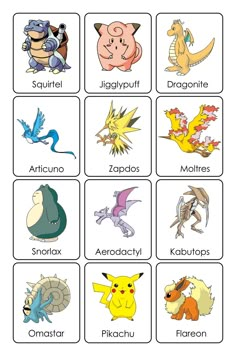 the different types of pokemons and their names