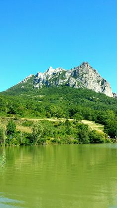 there is a mountain in the background with trees and bushes on the bank near the water