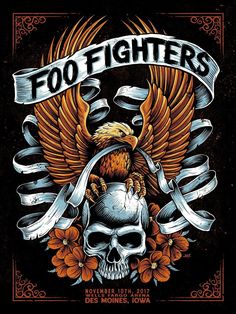 a skull with an eagle on it's head and ribbon around its neck, in front of a banner that says foo fighters