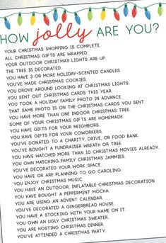 a christmas shopping list with the words how jolly are you? written in red and green