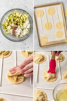 four pictures showing how to make pie crusts and filling them with the filling ingredients