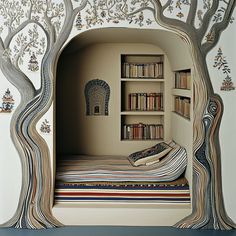 a room with bookshelves and a bed made out of cardboard paper, in the shape of a tree