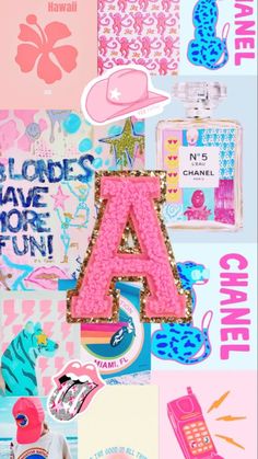 a collage of pink, blue and white items with the letter a on them