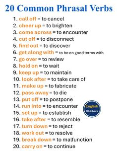 the 20 common phrasal verbs are shown in blue and orange text on white