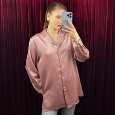 - Vintage pink silky blouse - 100% polyester - Made in France - Very good condition - Tag size FR 44, please see measurements Measurements (laying flat): Shoulders: 42 cm / 16.5 inches  Armpit to armpit: 54 cm / 21.3 inches  Sleeve length: 59 cm / 23.2 inches  Length: 75 cm / 29.5 inches SHIPPING INFO: Shipping price in the listing is for the "Standard Latvian post shipping". Includes tracking info and takes: * 5 business days within European Union * 10-15 business days to United States and Cana Pink Satin Top For Work, Pink Silk Collared Blouse, Formal Pink Satin Tops, Pink Long Sleeve Satin Top, Long Sleeve Pink Satin Top, Pink Satin Long Sleeve Tops, Pink Silk Button-up Blouse, Pink Silk Button-up Top, French Blouse