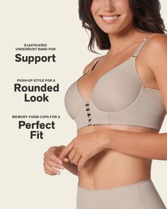 This bra has push-up padding for a super high lift and a rounded look. It has a longline style for smoothing coverage and extra support. Strappy details at the neckline let a little bit of neckline show through for a daring look. The cups are made of memory foam for a perfect fit without gapping and they feature underwire for support. This bra has a wide back made of double-layered fabric: a soft microfiber inside and tulle on the outside for a fresh feel. Underwire Sports Bra With Medium Bust Support And Shaping, Shaping Underwire Sports Bra With Medium Bust Support, Full Cup Shaping Bra With Medium Bust Support, Fitted Push-up Sports Bra, Bra Friendly Fitted Full Cup Shapewear, Fitted Full Cup Bra Friendly Shapewear, Contoured Shapewear With Removable Bra Pads, Solid Nursing Bra With Medium Bust Support, Full Coverage Sports Bra With Removable Pads