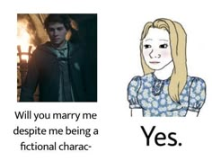 an image of harry potter and hermione's face with the caption, will you marry me despite he being a fiction character?