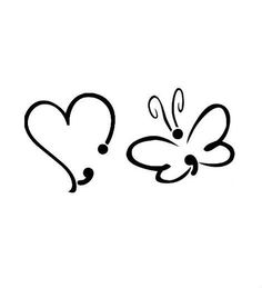 two hearts and a butterfly are drawn in black ink on a white background with the words love