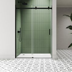 a bathroom with a green shower and tiled flooring next to a potted plant