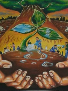 two hands are holding an earth with people around it