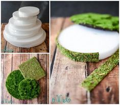 the steps to make a moss covered cake are shown in three different stages, including green and white icing