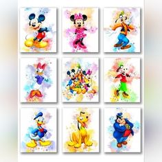 mickey mouse and other disney characters are featured in this set of eight watercolor paintings