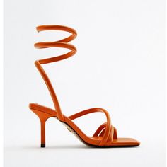 Zara Tubular Spiral Wrap Heeled Sandal. Orange Pu Leather. Size 38 Fits 7.5. Bloggers Fave. Sold Out Immediately. New With Unattached Tags. Orange Sandals With Sculpted Heel For Evening, Orange Sandals With Sculpted Heel For Parties, Orange Party Sandals With Sculpted Heel, Orange Sandals With Wrapped Heel And Pointed Toe, Elegant Orange Sandals With Padded Heel, Elegant Orange Sandals With Sculpted Heel, Elegant Orange Heels With Heel Loop, Orange Strappy Sandals With Heel Strap, Chic Orange Strappy Sandals