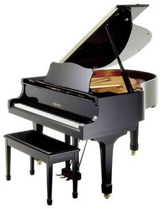 a grand piano and stool are shown against a white background