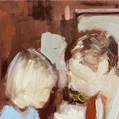 an oil painting of two children looking at each other