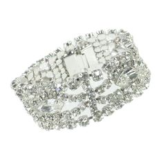 1950s designer Weiss rhodium-plated crystal bracelet. Linked-box openwork design w/ large marquise crystals & rows of smaller clear rounds. Supple & sinuous, the fluid construction creates constant movement that allows the crystals to sparkle & shine. As usual, photos cannot capture it -- all stones are vivid & bright, rhodium plating is flawless. Substantial without being overbearing, this is a perfect selection for tasteful bling, lol. Crystal Bracelet, Crystal Bracelets, Rhodium Plated, Sparkle, Plating, Bracelet, Crystals, Stone, Design