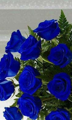 a bouquet of blue roses sitting on top of a table