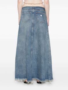 Find GUESS Raw-cut Denim Maxi Skirt on Editorialist. indigo blue cotton washed denim raw-cut finish distressed finish ripped detailing A-line mid-rise front button and zip fastening classic five pockets high-low hem long length Low Rise Denim Skirt, Maxi Skirt Blue, Denim Maxi, Yoko London, City Dress, Denim Maxi Skirt, Summer Beach Wear, Washed Denim, Indigo Blue