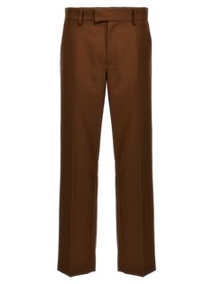 'Mike' wool blend pants, hook and button zip closure, pockets, straight leg with stretched crease. Composition: 55% polyester, 45% wool Tailored Wool High-waisted Pants, Tailored High-waisted Wool Pants, Wool Straight Leg Business Casual Pants, Business Casual Straight Wool Pants, Wool Straight Leg Pants For Business Casual, Wool Straight Pants For Business Casual, Brown Tapered Leg Dress Pants For Office, Work Pants With Belt Loops For Fall, Straight Pants With Concealed Placket For Fall