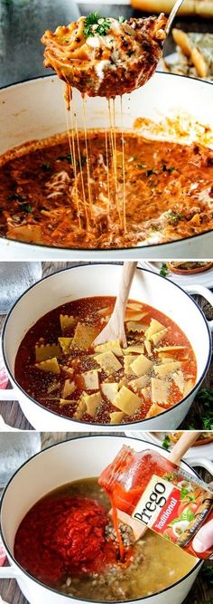 four pictures showing different types of soup being cooked in pans with the same amount of sauce being poured into them