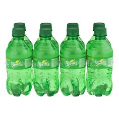 six bottles of spring water are lined up in a row on a white background,