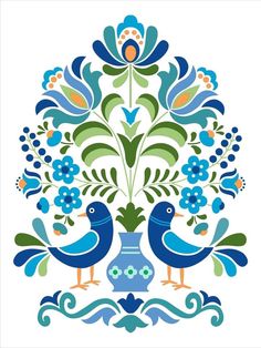 two blue birds sitting next to each other on top of a white background with flowers and leaves