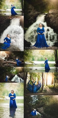 a woman in a blue dress is standing near a waterfall