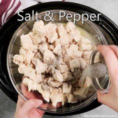 someone is adding salt and pepper to their food in a bowl with the words salt and pepper above it