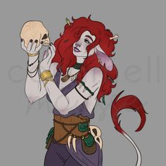 a drawing of a woman with red hair holding a skull in her right hand and looking at the camera