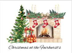 a watercolor christmas card with a fireplace, stockings and a tree in front of it