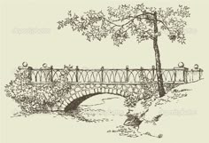 an old stone bridge over a river with a tree in the foreground, vintage line drawing or engraving