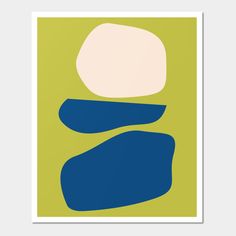 a blue and green abstract art print with an oval shaped object in the center on a yellow background